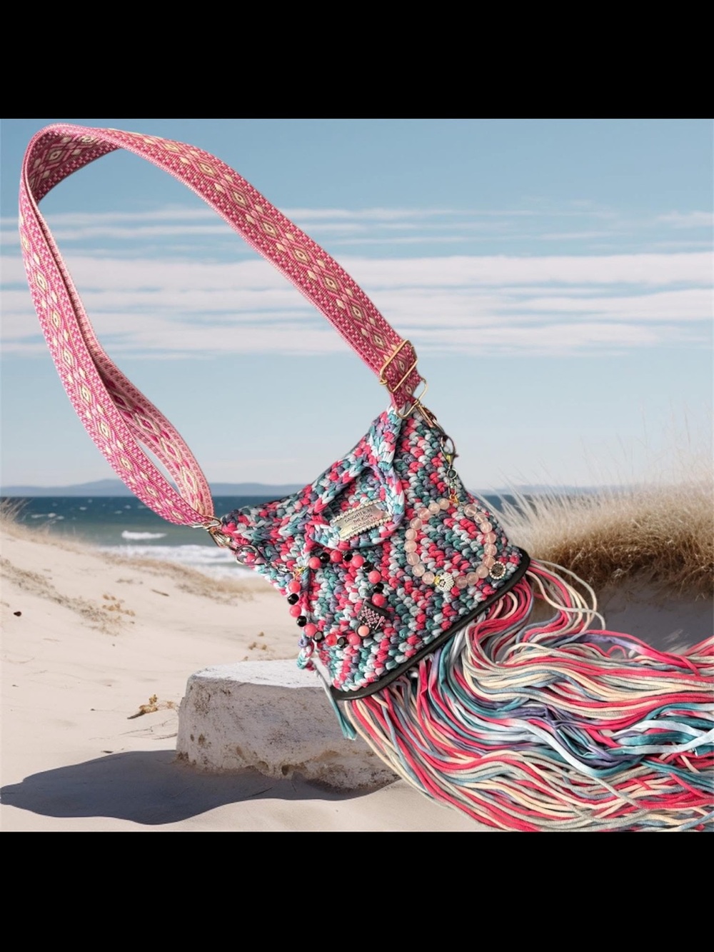 Multicolor Crochet Fringe Crossbody Bag - Pink Accent